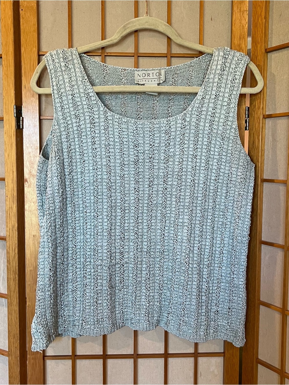 Vintage Norton McNaughton Sage Blue Crochet Open Weave Knit Tank Top Sweater XL